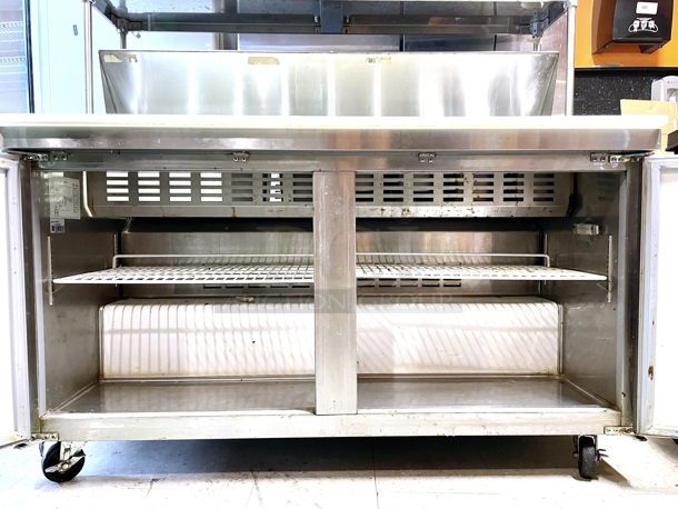 LOCKED, STOCKED & LOADED! Avantco 178APT60 60" 2 Door Refrigerated Sandwich Prep Table With Removable and Adjustable (2) Level Over-Shelf and: (8) 1/6 Pans, (6) 1/9 Pans and (2) 1/3 Pans,. 60 x 31 x 42 3/8.Height With Overshelf 74-3/8"  **Microwave Not Included** - Image 4 of 5