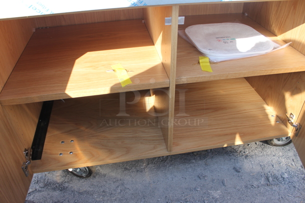 BRAND NEW! ACS FAB LLC Stainless Steel Counter w/ 4 Wood Pattern Doors on Commercial Casters. - Image 5 of 7