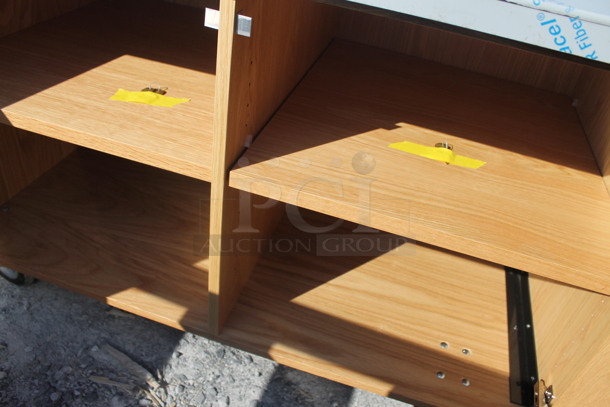 BRAND NEW! ACS FAB LLC Stainless Steel Counter w/ 4 Wood Pattern Doors on Commercial Casters. - Image 7 of 7