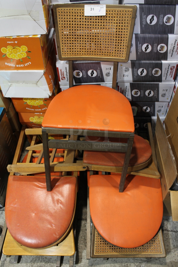 8 Brown Dining Height Folding Chairs w/ Orange Seat Cushion. 8 Times Your Bid!