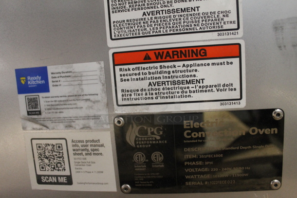 BRAND NEW SCRATCH AND DENT! CPG 351FEC100E Cooking Performance Group Commercial Stainless Steel Electric Convection Oven With Steel Racks. Missing 1 Leg. 220-240V, 3 Phase.  - Image 8 of 9