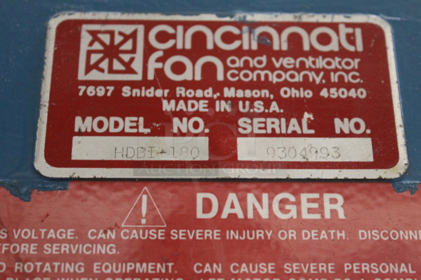 Cincinnati Fan HDBI-180 Metal Commercial Centrifugal Fan Air Mover. BUYER MUST REMOVE. - Image 9 of 9