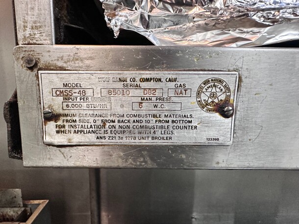 Working! Wolf CMSS-48 48 inch Gas Cheese Melter Broiler w/ Infrared Burner, Stainless, Natural Gas NSF Tested and Working! - Image 6 of 7