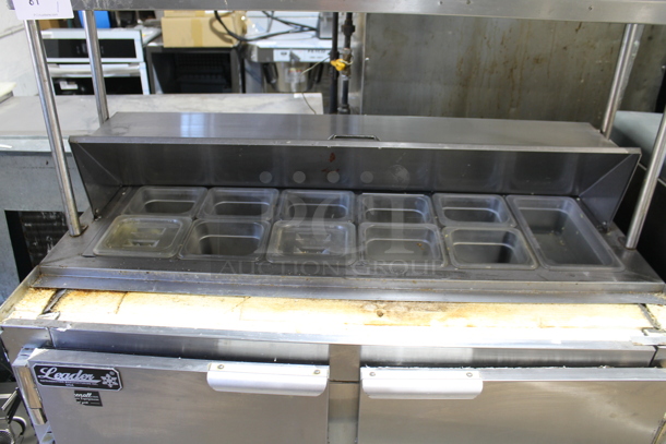 2017 Leader LM48 S/C Stainless Steel Commercial Sandwich Salad Prep Table Bain Marie Mega Top w/ 2 Tier Over Shelf on Commercial Casters. 115 Volts, 1 Phase. Tested and Powers On But Does Not Get Cold - Image 2 of 5
