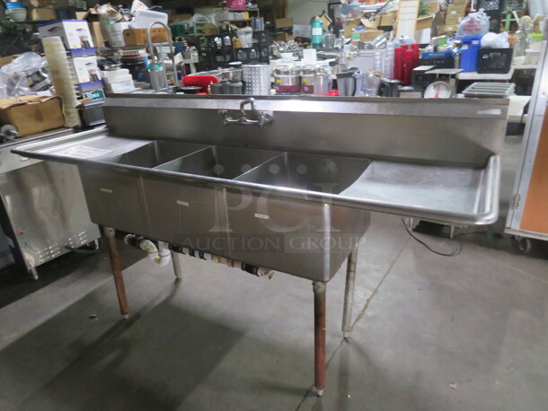 One Stainless Steel Triple Bowl Sink With Faucet And R/L Drain Boards. 84X27X43.5 - Image 2 of 2