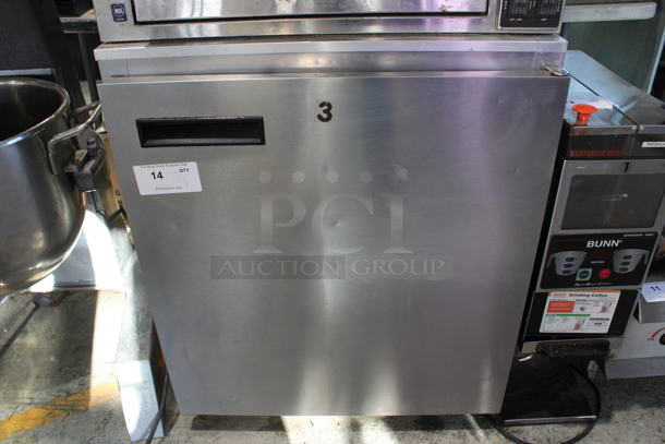 Delfield Model 406CA-DD1 Stainless Steel Commercial Single Door Undercounter Cooler on Commercial Casters. 115 Volts, 1 Phase. 27x28x32. Tested and Working!