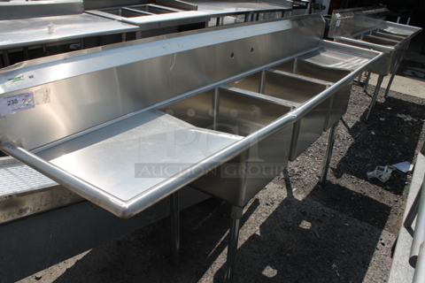 BRAND NEW SCRATCH AND DENT! Regency 60031717224 103" 16-Gauge Stainless Steel Three Compartment Commercial Sink with Galvanized Steel Legs and 2 Drainboards. Bays 17x17x12. Drain Boards 22x19x1