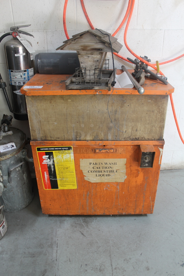 Orange Metal Parts Wash Machine w/ Contents Including Wooden Bird House. BUYER MUST REMOVE. - Image 1 of 4