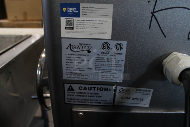 BRAND NEW SCRATCH AND DENT! Avantco MX60H Metal Commercial Floor Style 60 Quart Planetary Mixer w/ Mixing Bowl, Bowl Guard, Bowl Dolly, Whisk, Paddle and Dough Hook Attachments. 240 Volts, 1 Phase. - Image 10 of 12