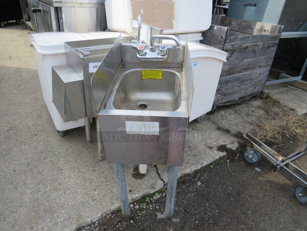 One SS Under Bar Hand Sink With R/L Side Splash, Back Splash, And Faucet. 12X18X36 - Image 1 of 1