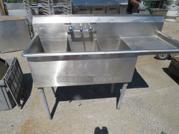 One Stainless Steel 3 Compartment Sink With Faucet And Right Drain Board. 57X22X42
