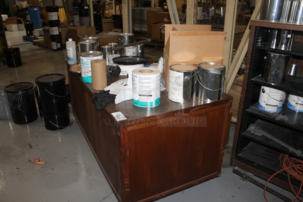 Wood Pattern Desk w/ Contents Including Liquid Roof, Liquid Rubber and Blue Magic Catalyst. - Image 2 of 10