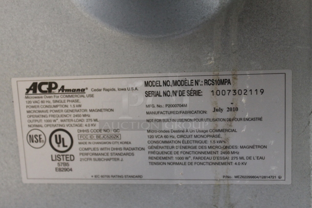 2010 Amana RCS10MPA Stainless Steel Commercial Countertop Microwave Oven. 120 Volts, 1 Phase. - Image 5 of 5