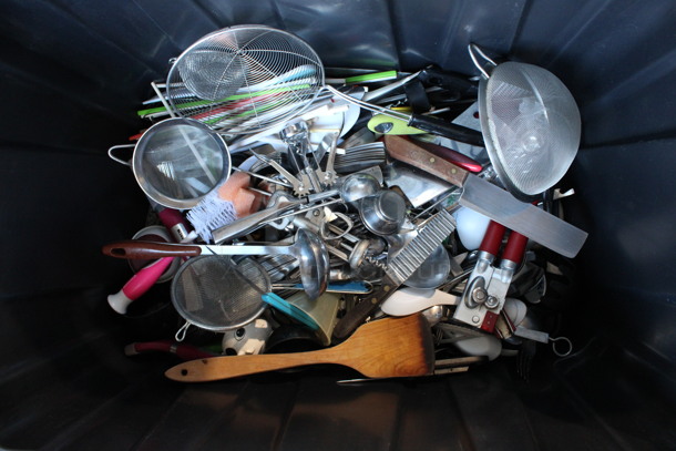 ALL ONE MONEY! Lot of Various Items Including Various Utensils in Poly Bin! 28x19x15