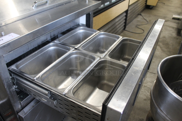 2013 True TFP-32-12M-D-2 Stainless Steel Commercial Sandwich Salad Prep Table Bain Marie Mega Top w/ 2 Drawers and Drop In Bins on Commercial Casters. 115 Volts, 1 Phase. Tested and Powers On But Does Not Get Cold - Image 5 of 7