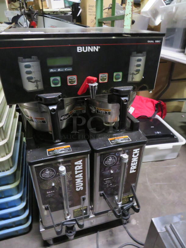 One Bunn Dual Coffee Brewer 2 Filter Baskets, And 2 Satellites. Model# Dual SH DBC. 120/240V FLK. 120/240 Volt. 1 Phase. Unable To Test. Satellite # SH Server. $3575.70 - Image 1 of 1