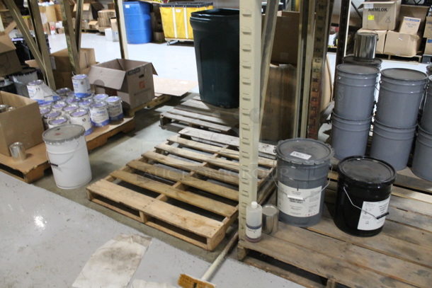 ALL ONE MONEY! THREE PALLET LOT of Various Items Including Liquid Rubber Dark Gray, and Gray Liquid Rubber. BUYER MUST REMOVE. - Image 1 of 7