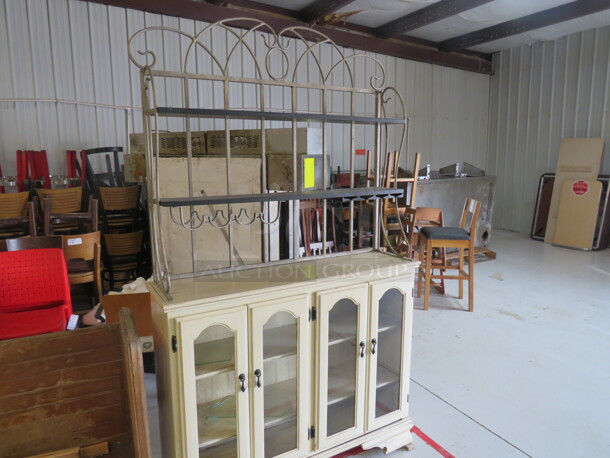One Wooden/Metal 2 Piece Buffet/Wine Holder, With 4 Doors And 2 Under Shelves, And 2 Over Shelves With Wine Bottle And Glass Holders. One Door Glass Broken. 50X13X85 - Image 2 of 5