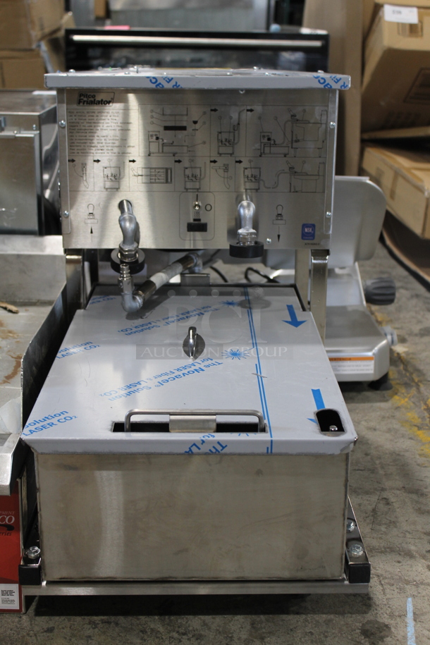 BRAND NEW SCRATCH AND DENT! 2023 Pitco Frialator P14 Stainless Steel Commercial  55 lb Fryer Oil Filtration System on Commercial Casters. 115 Volts, 1 Phase. 