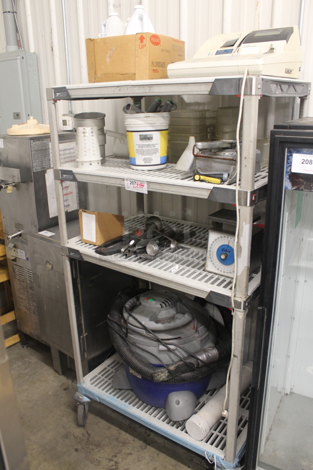 ALL ONE MONEY! Lot of Cash Register, Plastic Buckets, Funnel, Hose Spray Nozzle, Steel Mixing Bowls, Portion Control Scale, Ladels, Tongs, Drop-In Bins, Scooper, Outlet Receptacles, Shop-Vac, PVC Pipe, AND MORE! Does Not Include Metro Shelf.