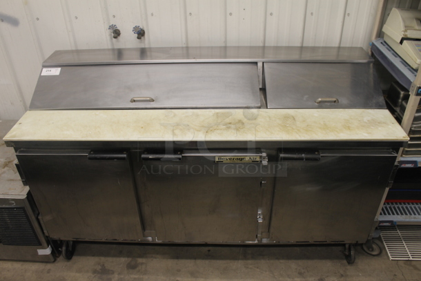 Beverage-Air R134A Commercial Stainless Steel Mega Top Sandwich/Salad Prep Table With 6 Sectioned Drop-In Dividers And Refrigerated Base With Polycoated Racks On Commercial Casters. 115V, 1 Phase. Tested and Powers On But Does Not Get Cold