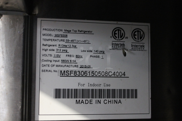 2015 Atosa MSF8306 Stainless Steel Commercial Sandwich Salad Prep Table Bain Marie Mega Top on Commercial Casters. 115 Volts, 1 Phase. Tested and Powers On But Does Not Get Cold - Image 7 of 7