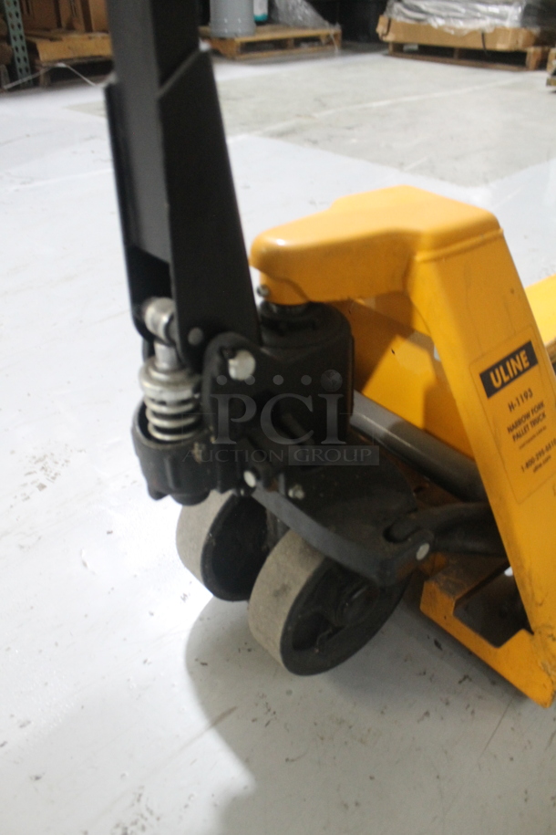Uline H-1193 Metal Yellow Narrow Fork Pallet Jack Pallet Truck.  - Image 4 of 5