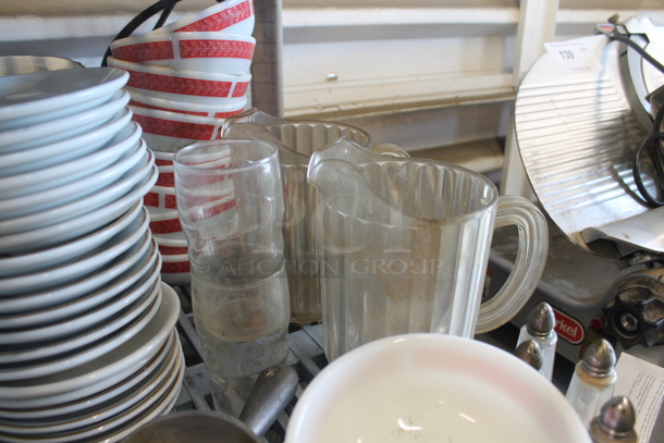 ALL ONE MONEY! Lot of Various Items Including Metal Ice Scooper, Salt Shakers, Beverage Glasses, Ceramic Bowls and Poly Pitchers. - Image 4 of 5