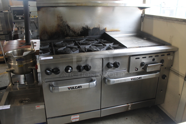 LATE MODEL! Vulcan 60SS-852 Stainless Steel Commercial Natural Gas Powered 6 Burner Range w/ Right Side Flat Top Griddle, 2 Oven, Over Shelf and Back Splash. - Image 1 of 8