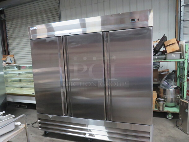 One NEW NEW NEW Motak 3 Door Refrigerator With 9 Racks On Casters. Model# MSD-3DR-BAL-X. 80X32X83