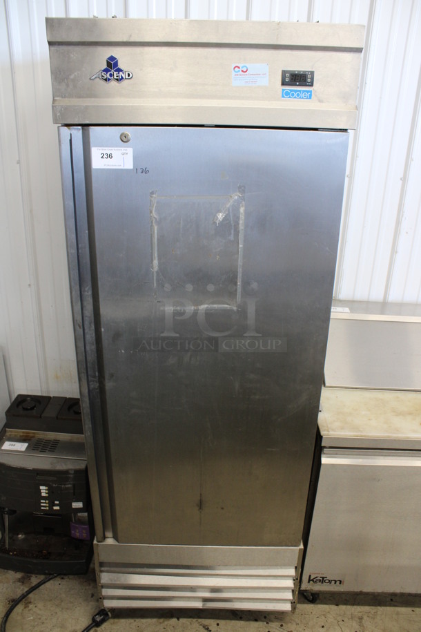 Jimex Model JFD-23R Stainless Steel Commercial Single Door Reach In Cooler w/ Poly Coated Racks on Commercial Casters. 115 Volts, 1 Phase. 29.5x32.5x81.5. Tested and Powers On But Temps at 45 Degrees