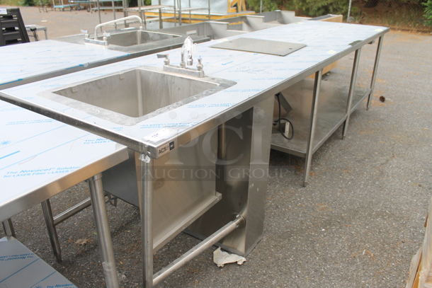 BRAND NEW! Stainless Steel Commercial Table w/ Sink Bay, Faucet, Handles and Under Shelf.