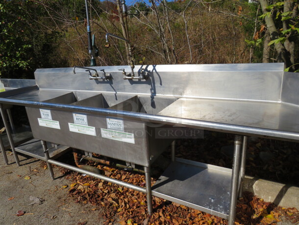 One Stainless Steel 3 Compartment Sink With Faucet And Hose Sprayer, R/L Drain Board, R/L Stainless Steel Under Shelf, And Back Splash. 120X31X46.5 - Image 3 of 3