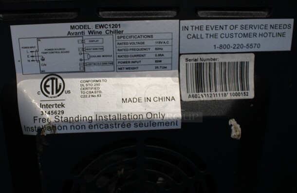 Avanti Model EWC1201 Metal Mini Wine Chiller Merchandiser. 115 Volts, 1 Phase. 10x20x25. Tested and Working! - Image 5 of 5