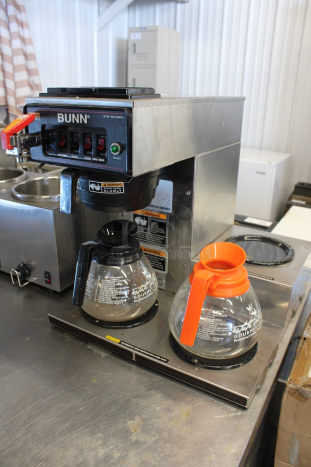 2012 Bunn Model CWTF15 Stainless Steel Commercial Countertop 3 Burner Coffee Machine w/ Poly Brew Basket and 2 Coffee Pots. 120 volts, 1 Phase. 16x21x17 - Image 2 of 5