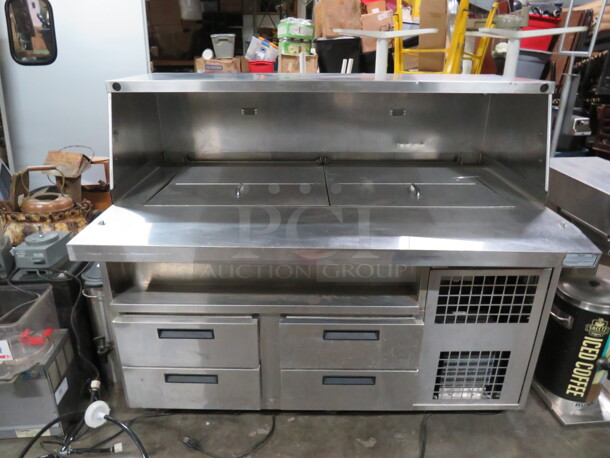 One WORKING Duke 4 Drawer Sandwich Prep Table  With SS Over Shelf On Casters. 120 Volt. Model# DPC-38-120. 60X37.5X50.5
