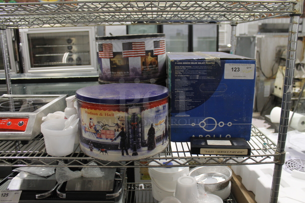 ALL ONE MONEY! Lot of Various Items Including Printer and Metal Tins - Image 1 of 5