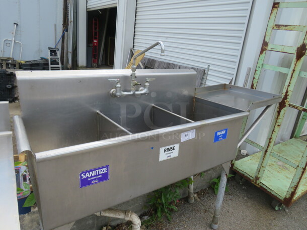 One Stainless Steel 3 Compartment Sink With Faucet And R Side Drain Board. 68X21X48 - Image 2 of 2