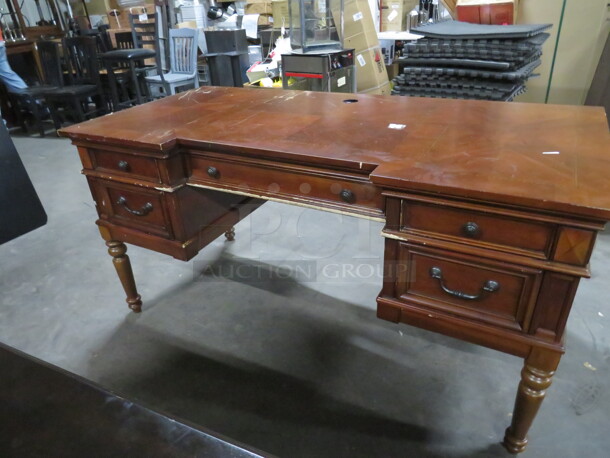 One Wooden Desk With 5 Drawers. 62X30X31