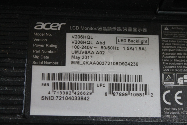 ALL ONE MONEY! Lot of 2 Computer Monitors; Acer V206hQL 20" and Dell E1913c 19" and 1 Hard Drive. - Image 6 of 8