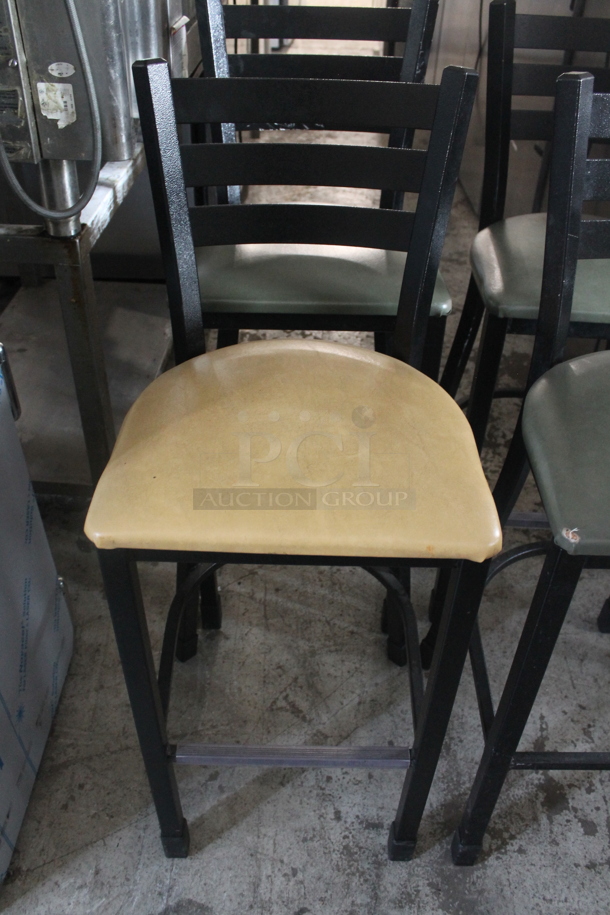 4 Black Metal Bar Height Chairs w/ 1 Yellow and 3 Green Seat Cushions. 4 Times Your Bid! - Image 2 of 6