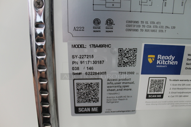 BRAND NEW SCRATCH AND DENT! Avantco A-49R-HC 54" Solid Double Door Stainless Steel Reach-In Refrigerator. 115V. Tested and Working! - Image 6 of 9