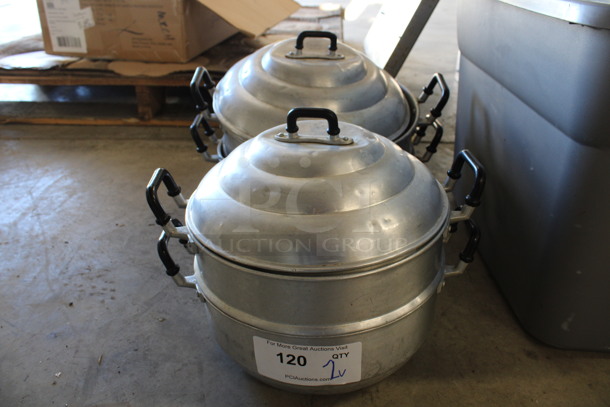 2 Metal 2 Level Steamer Pots w/ Lids. 13x10x11, 15x12x12. 2 Times Your Bid!