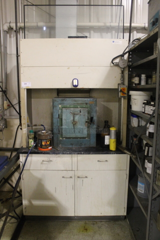 White Work Table w/ Hythermco Metal Box and Contents. BUYER MUST REMOVE.