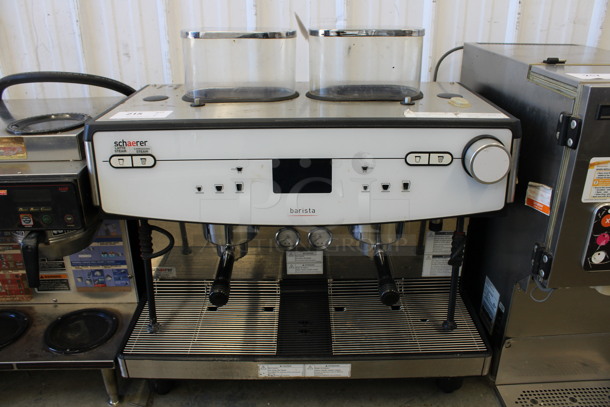 Schaerer Barista Stainless Steel Commercial Countertop 2 Group Espresso Machine w/ 2 Portafilters, 2 Steam Wands and 2 Hoppers. 208 Volts, 1 Phase. 29x21x30