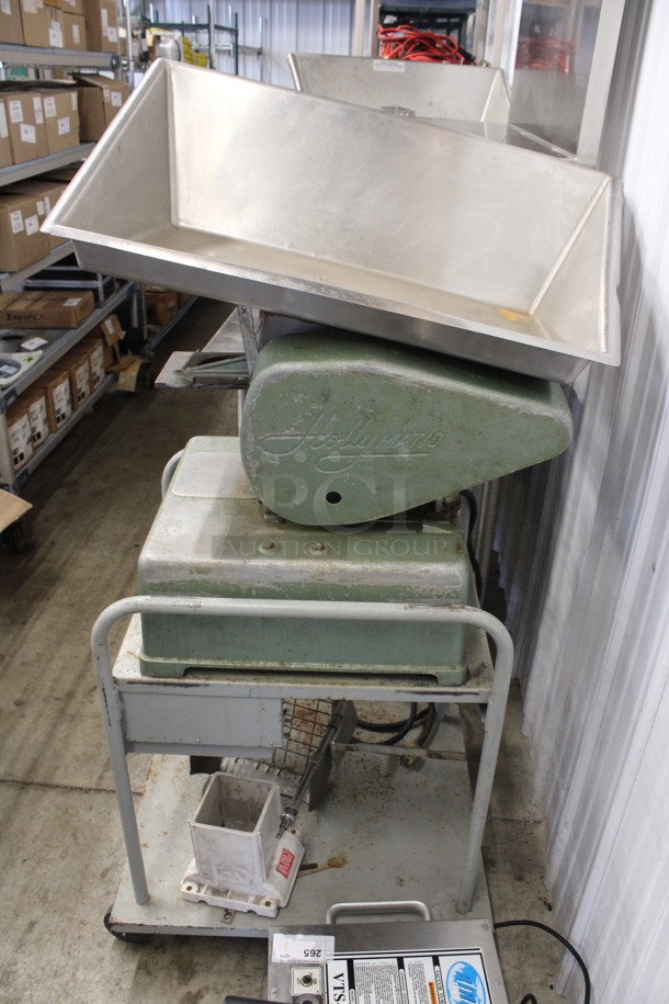 Hollymatic Super Model 54 Metal Commercial Countertop Patty Former w/ Tray on Metal Commercial Portable Cart. 115 Volts, 1 Phase. 28x32x34, 24.5x27.5x32. Tested and Powers On But Parts Do Not Move