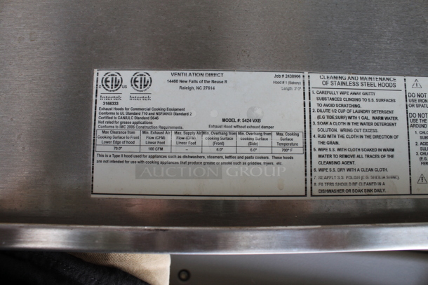 CaptiveAire 5424 VXB Stainless Steel Commercial Steam Hood. - Image 3 of 3