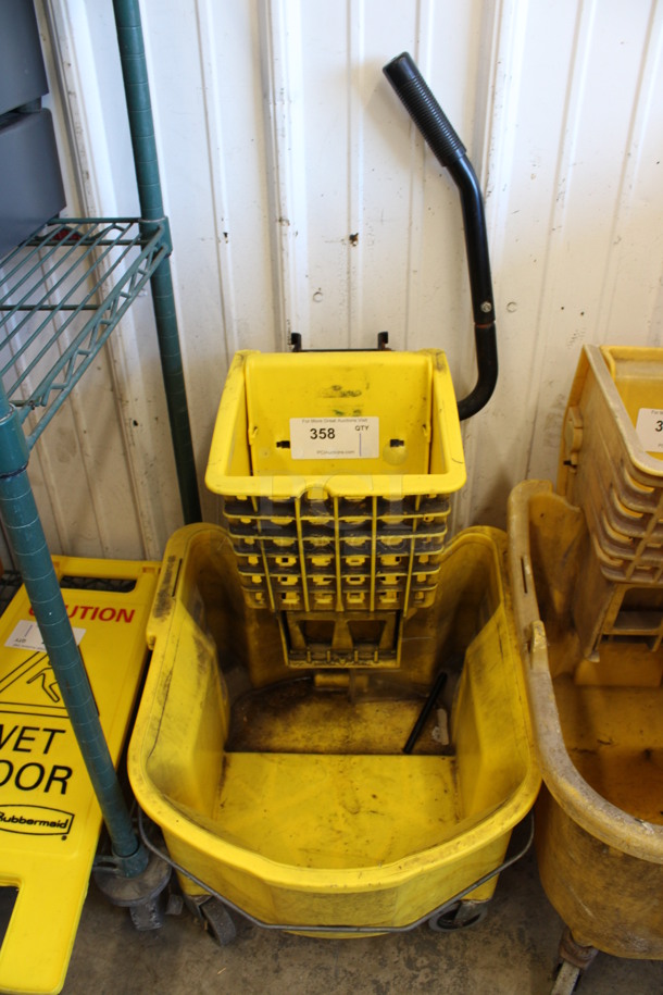 Yellow Poly Mop Bucket w/ Wringing Attachment on Casters. 17x22x37