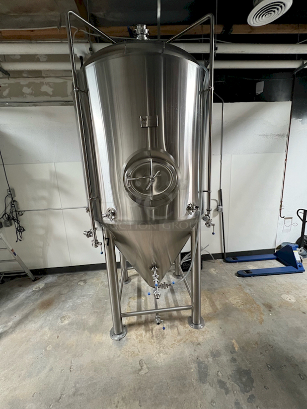 LIKE NEW! Ningbo Bme 30FV 30BBL Fermenter/Unitank/Conical Stainless Steel Fermentation Tank. S/N: BME30FV021 
.
Fully Functioning

.
Gross volume: 4,430L(26% head space); 
Tank size: Φ1,600x1500mm, approx. total height 12ft
Jacketed and insulated. SUS304 stainless steel, 3mm thickness plate for inner tank, 1.5mm for dimple jacket and 2mm for outer shell.
Interior tank 2b finish and passivated, ribbon polish for welded place; 4#finish or mirror finish for inner tank available
Outer tank brushed. Dish head polished. ribbon polish for welded place
Dish head, 60° cone bottom, Side shadowless manway(double side welded)
DIN 65 style 1.5” Rotating racking arm(or tri-clamp),
3 zone dimple cooling jackets, 3/4″ NPT inlet and outlet
80mm Polyurethane insulation
CIP arm and spray ball, blowoff pipe
Necessary butterfly valves, sample valve, Thermometer, Pressure gauge( oil style), PVRV, tri-clamp and gasket fittings.

Manufactured: 12/30/2019

Located in: Rancho Cucamonga, CA. Shipping is Available. - Image 3 of 8
