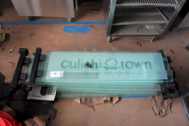 AWESOME! Glass Restaurant Section Dividers With Hardware. Wrapping On Glass Is Removable. Includes: (10) Glass Panes Ranging From 40-1/4" to 46" W x 11" H. & Mounting Hardware. Hardware Adds 3-1/2" To Each Side Of The Glass When Assembled. Dimensions Of Glass Panes (without hardware) 40-1/4" to 46" W x 9-1/2". 10x Your Bid - Image 3 of 5